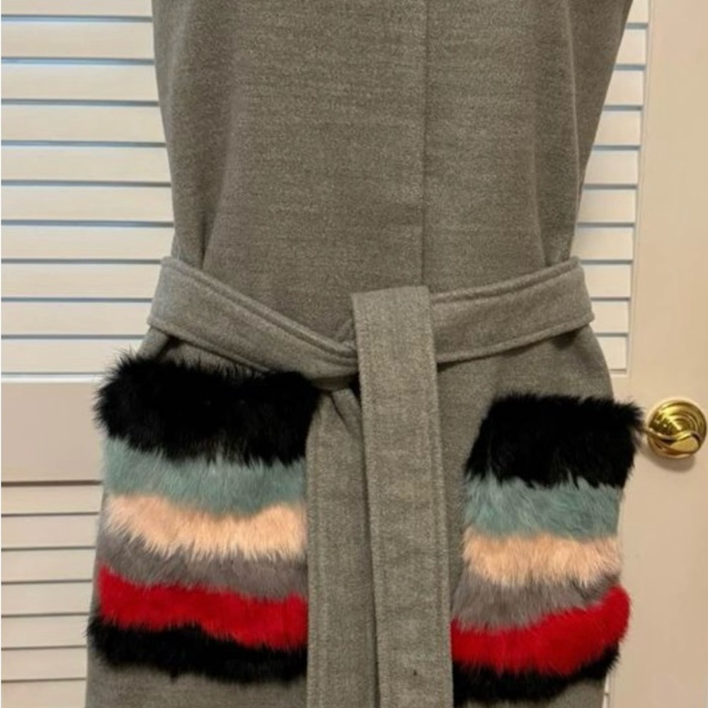 Shotung gray long vest jacket w pockets and belt
